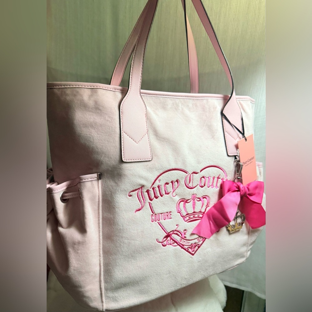NEW Juicy Couture Royalty Pink Velour Tote - Picture 4 of 9